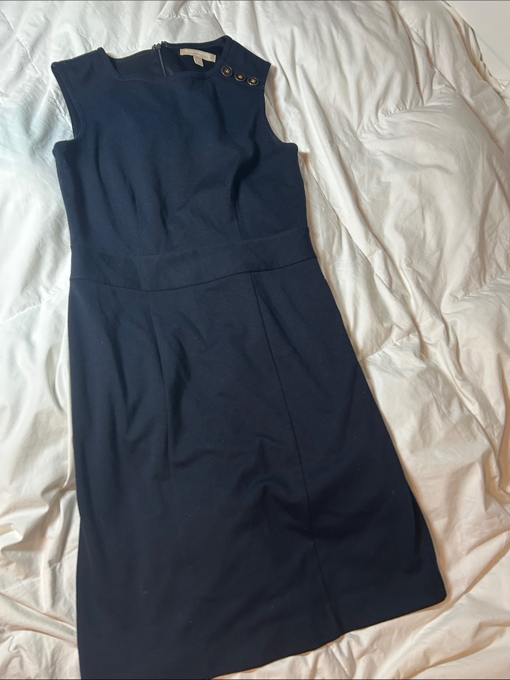 Banana Republic Navy Sleeveless Midi Sheath Dress with Shoulder Buttons